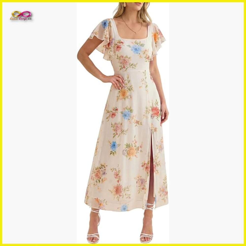 Square Neck Floral Tulle Midi Dress Ruffle Sleeve High Slit Elegant Formal